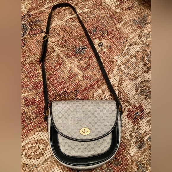 Vintage GUCCI Navy Blue Coated Canvas GG Leather CrossBody Shoulder Bag Like New